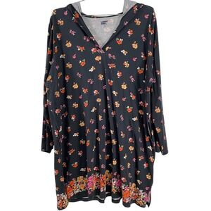 Lands' End Dress Womens 2X Black Floral Cotton V Neck Long Sleeve Pockets Tunic